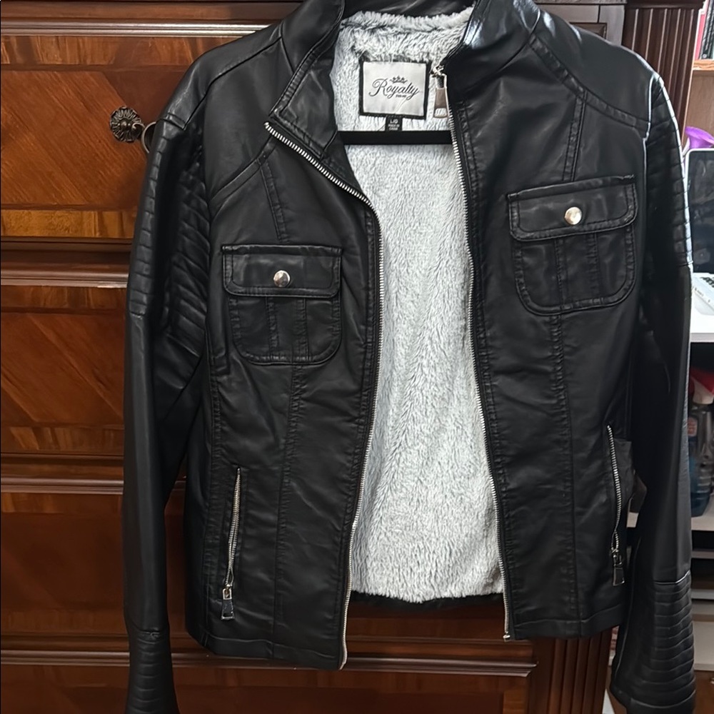 Royalty For Me Black and Silver Leather Motorcycle Jacket